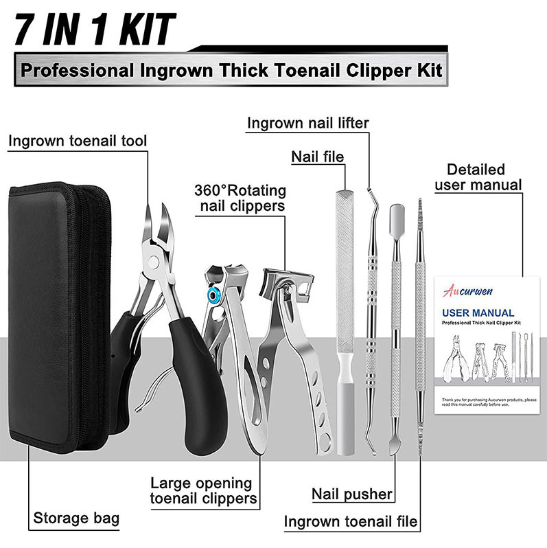 7-Piece Professional Ingrown Toenail Tool Kit - Stainless Steel Precision Pedicure Set with Red Eagle-Nose Clippers & Leather Storage Case - Image 2