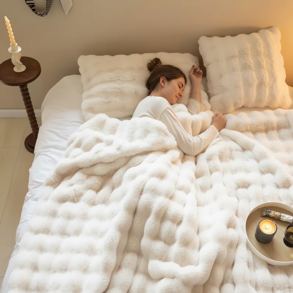 White Luxury Tuscany Fleece Rabbit Fur Bubble Blanket (180 x 200 CM) - Double-Sided Thickened Soft Plush Bedding & Large Bed Blanket - Image 1