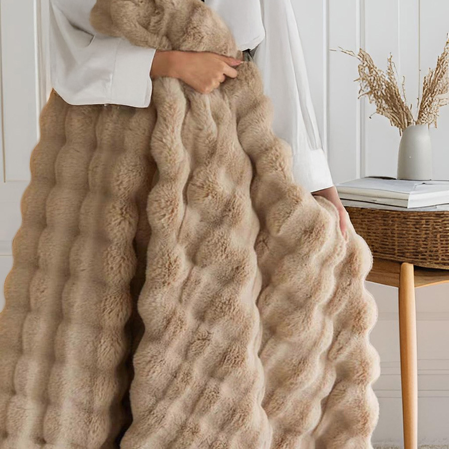 2-Pack Brown Luxury Tuscany Fleece Rabbit Fur Bubble Blanket (45 x 45 CM) - Double-Sided Thickened Soft Plush Bedding & Cushion Cover - Image 3