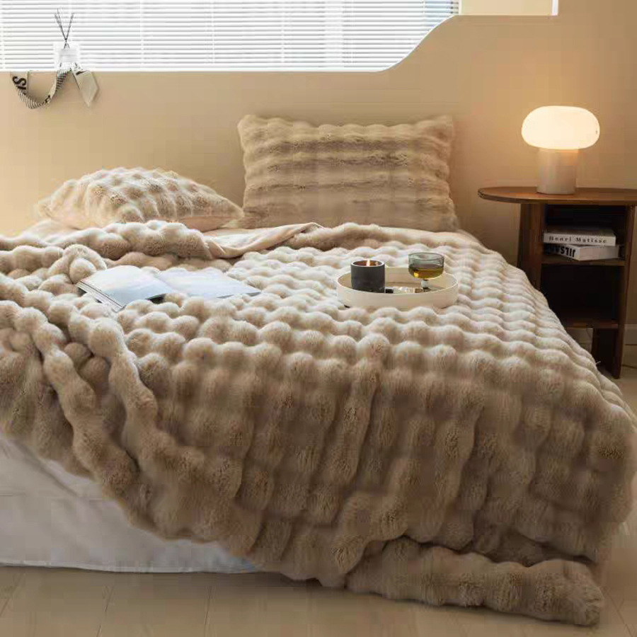 Brown Luxury Tuscany Fleece Rabbit Fur Bubble Blanket - Double-Sided Thickened Soft Plush Large Bedding Set(180x200 CM Large Blanket + 2 Pack 45x45 CM Cushion Cover) - Image 1