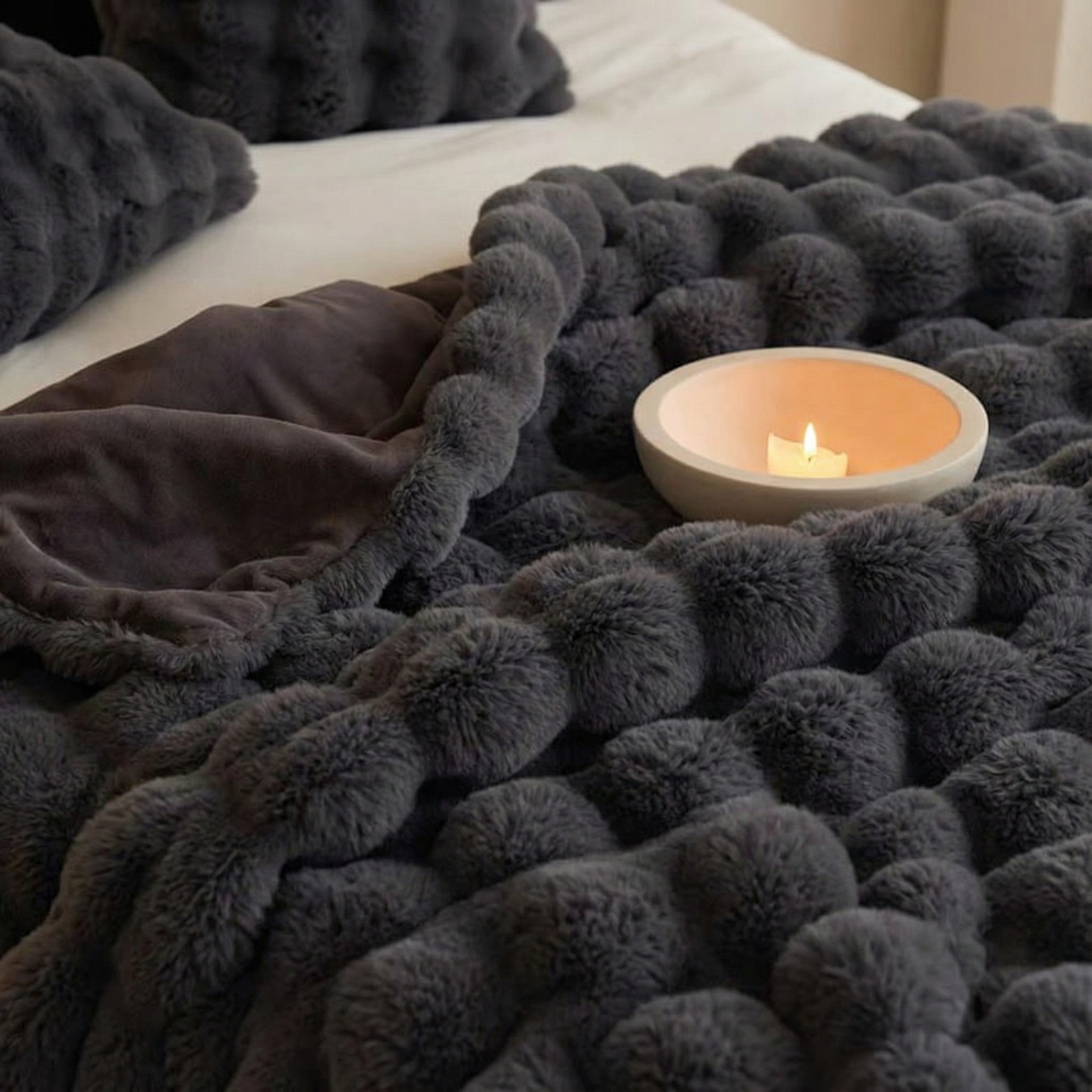 Black Grey Luxury Tuscany Fleece Rabbit Fur Bubble Blanket - Double-Sided Thickened Soft Plush Extra Large Bedding Set(200x230 CM Large Blanket + 2 Pack 45x45 CM Cushion Cover) - Image 3