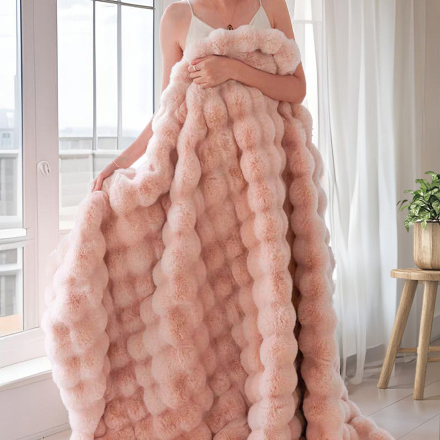 2-Pack Pink Luxury Tuscany Fleece Rabbit Fur Bubble Blanket (45 x 45 CM) - Double-Sided Thickened Soft Plush Bedding & Cushion Cover - Image 3