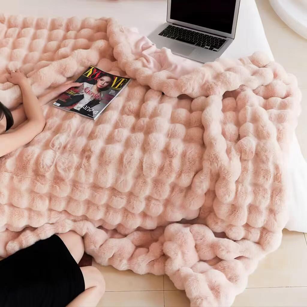 Pink Luxury Tuscany Fleece Rabbit Fur Bubble Blanket (140 x 200 CM) - Double-Sided Thickened Soft Plush Bedding & Sofa Throw - Image 1