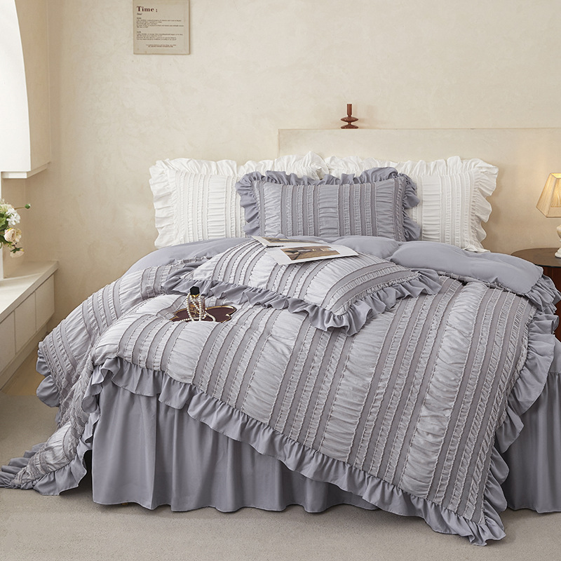 White Elegant Ruffle Seersucker Duvet Cover with 2PCS Pillow Shams - 3-Piece Vertical Stripe Clipped Floral Textured Bedding (Twin Size 168 x 229 CM) - Image 3