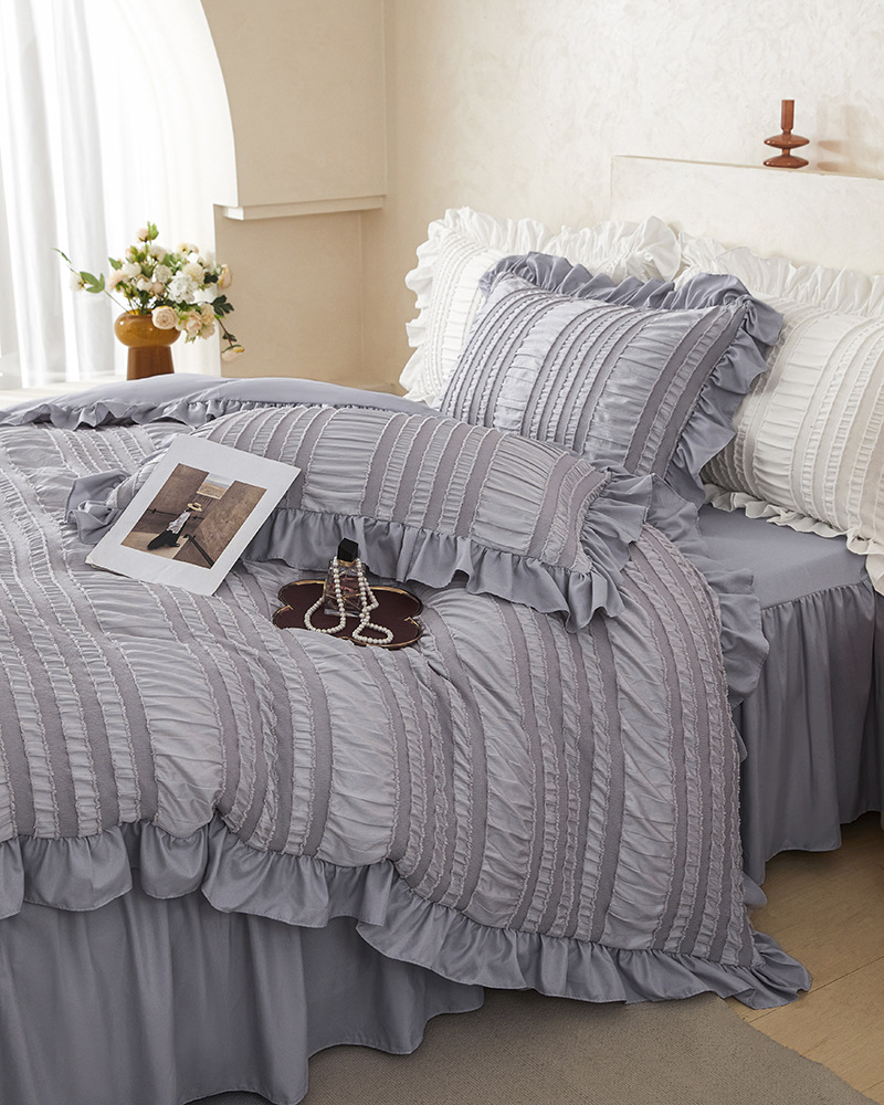 Pink Elegant Ruffle Seersucker Duvet Cover with 2PCS Pillow Shams - 3-Piece Vertical Stripe Clipped Floral Textured Bedding (Full Size 200 x 229 CM) - Image 3