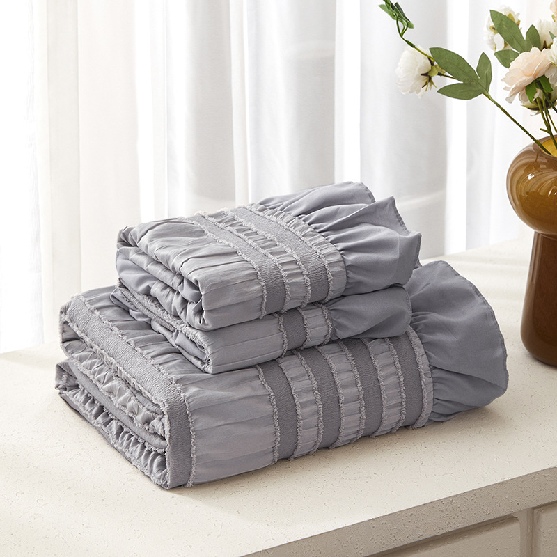Grey Elegant Ruffle Seersucker Duvet Cover with 2PCS Pillow Shams - 3-Piece Vertical Stripe Clipped Floral Textured Bedding (Twin Size 168 x 229 CM) - Image 4