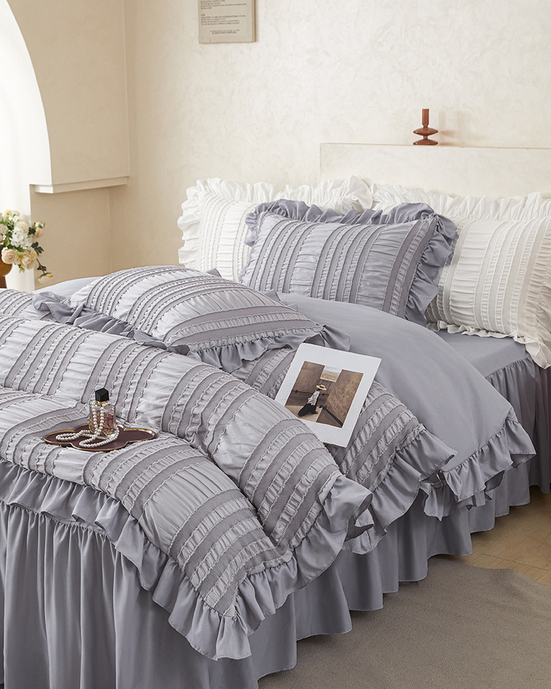 Grey Elegant Ruffle Seersucker Duvet Cover with 2PCS Pillow Shams - 3-Piece Vertical Stripe Clipped Floral Textured Bedding (Full Size 200 x 229 CM) - Image 2