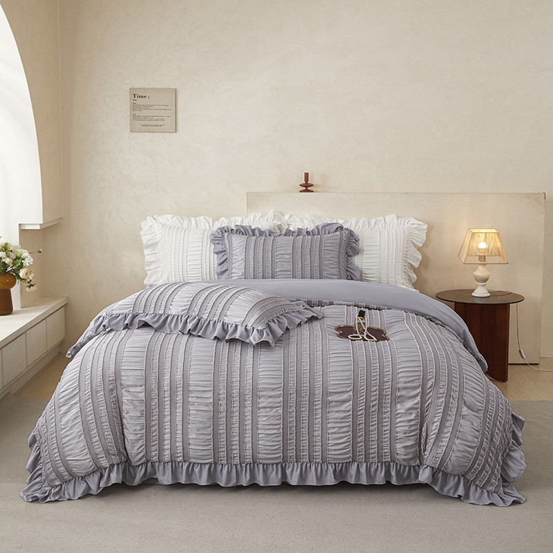 Grey Elegant Ruffle Seersucker Duvet Cover with 2PCS Pillow Shams - 3-Piece Vertical Stripe Clipped Floral Textured Bedding (Queen Size 229 x 229 CM) - Image 1