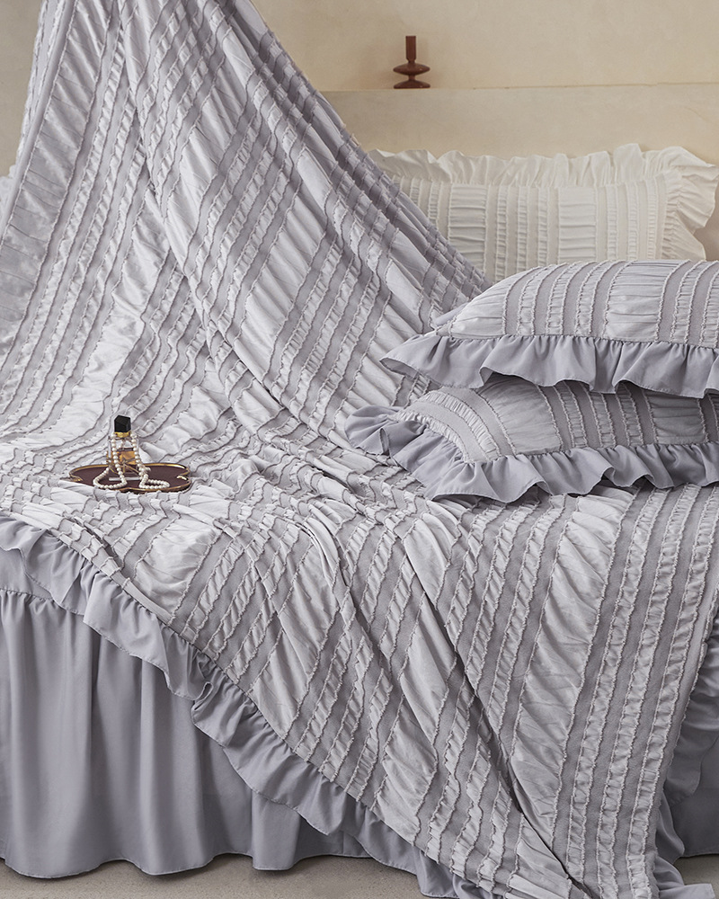 Beige Elegant Ruffle Seersucker Duvet Cover with 2PCS Pillow Shams - 3-Piece Vertical Stripe Clipped Floral Textured Bedding (Twin Size 168 x 229 CM) - Image 4