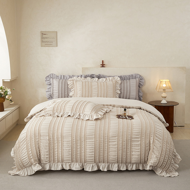 Beige Elegant Ruffle Seersucker Duvet Cover with 2PCS Pillow Shams - 3-Piece Vertical Stripe Clipped Floral Textured Bedding (Queen Size 229 x 229 CM) - Image 1