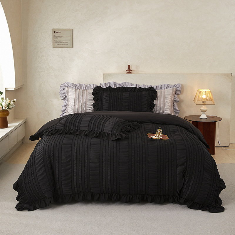 Black Elegant Ruffle Seersucker Duvet Cover with 2PCS Pillow Shams - 3-Piece Vertical Stripe Clipped Floral Textured Bedding (Twin Size 168 x 229 CM) - Image 1