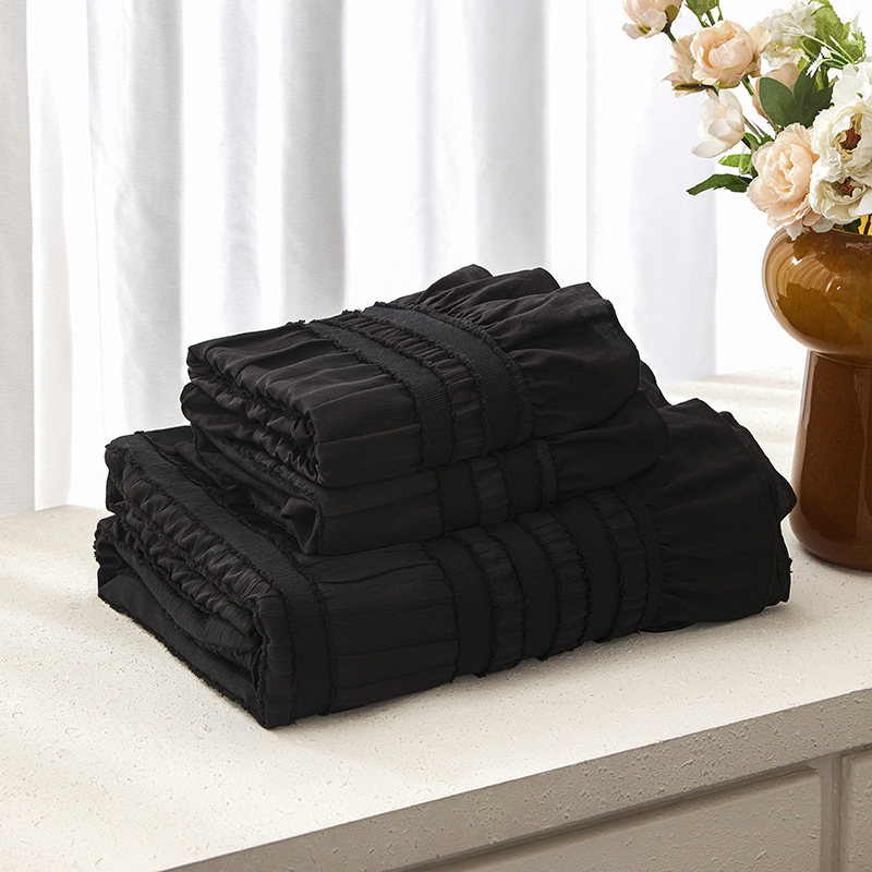 Black Elegant Ruffle Seersucker Duvet Cover with 2PCS Pillow Shams - 3-Piece Vertical Stripe Clipped Floral Textured Bedding (Twin Size 168 x 229 CM) - Image 2