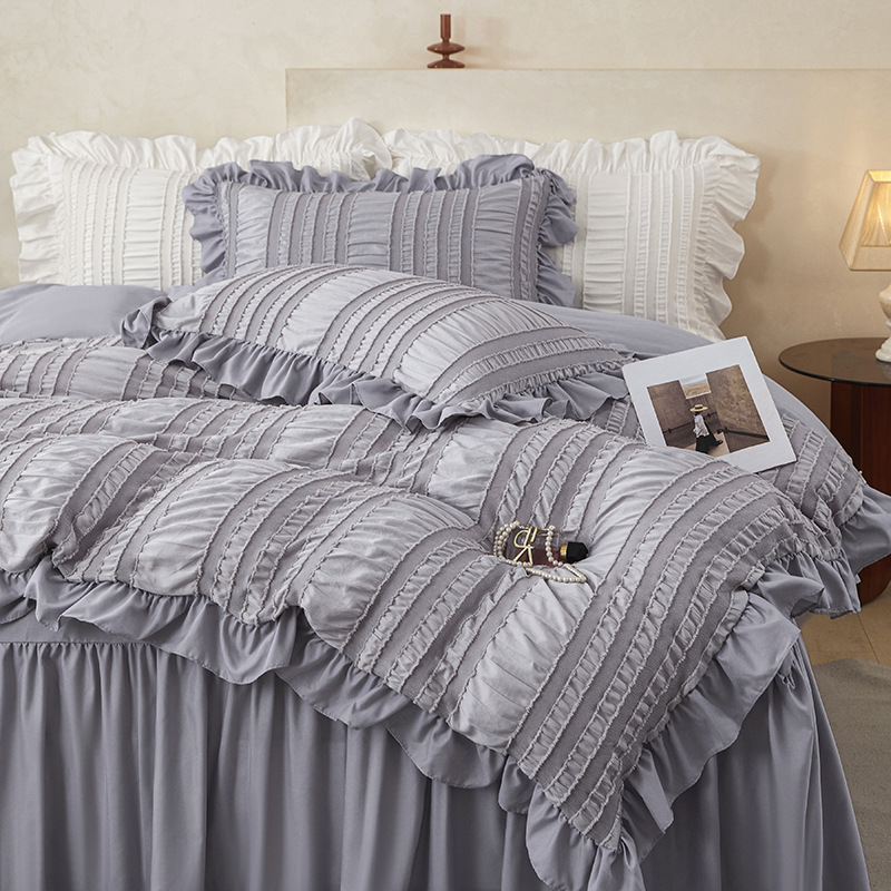 Black Elegant Ruffle Seersucker Duvet Cover with 2PCS Pillow Shams - 3-Piece Vertical Stripe Clipped Floral Textured Bedding (Full Size 200 x 229 CM) - Image 3