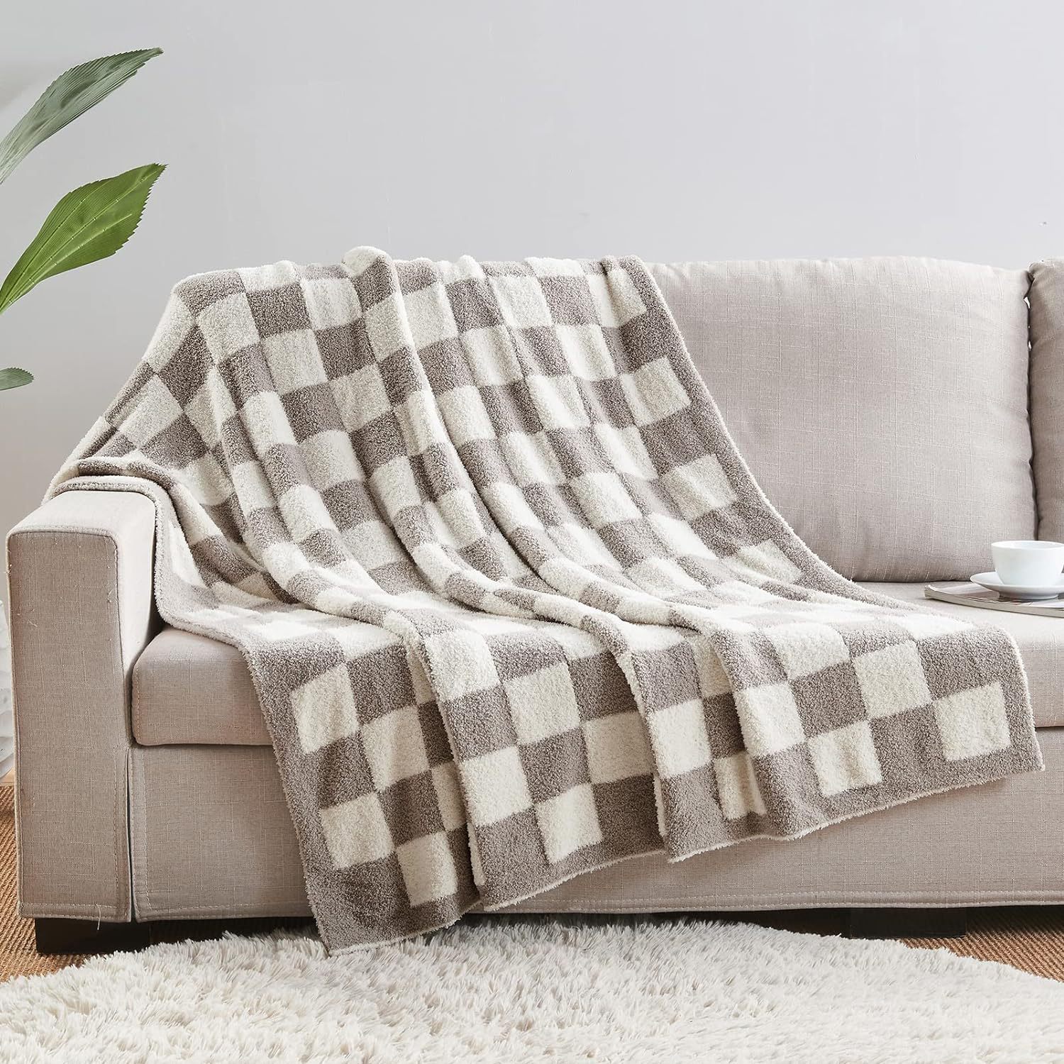 Grey and White Premium Knitted Checkerboard Throw Blanket(130 x 150 CM) - Soft Half-Velvet Fleece Nap Blanket, Couch Throw & Office Decorative Wrap - Image 1