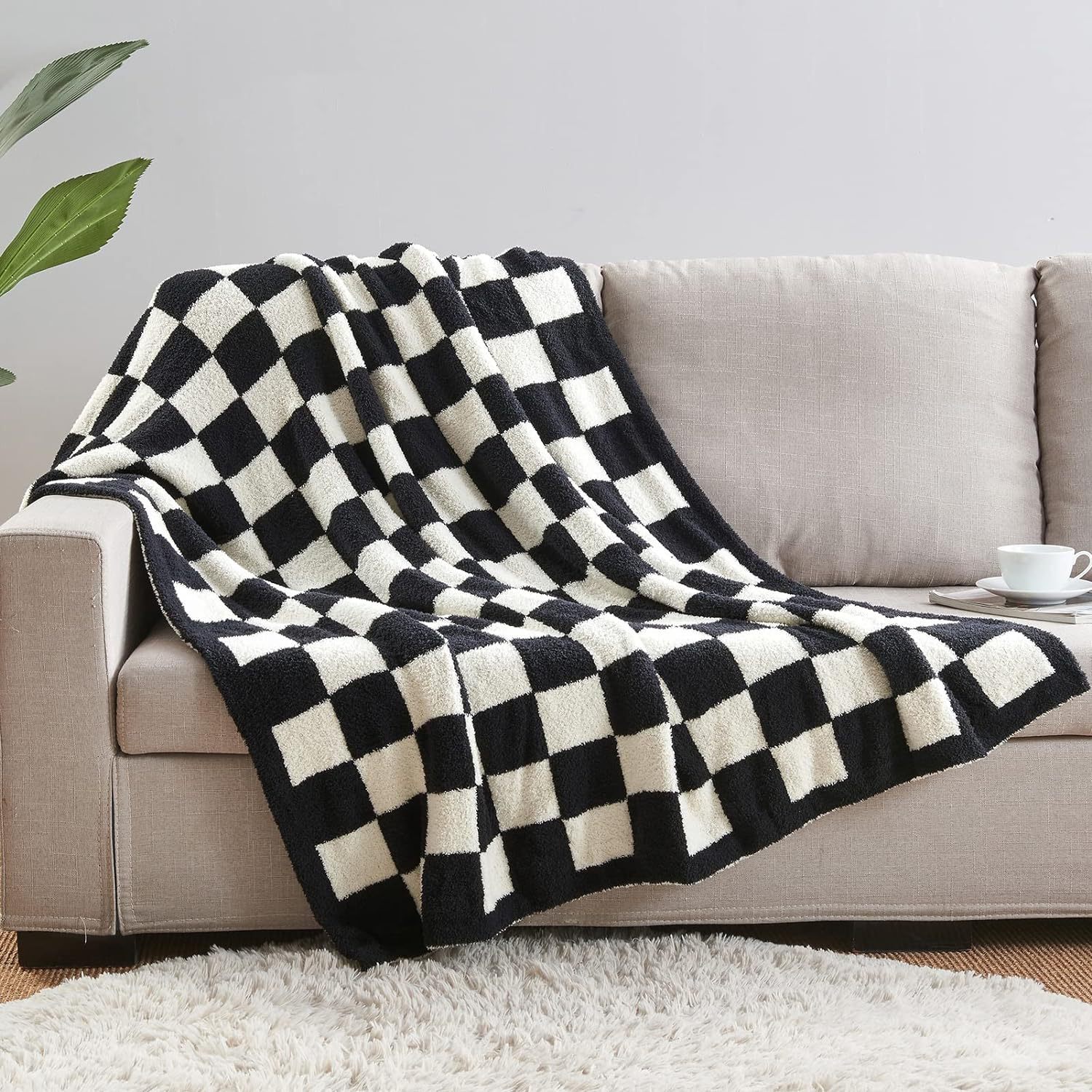 Black and White Premium Knitted Checkerboard Throw Blanket(130 x 150 CM) - Soft Half-Velvet Fleece Nap Blanket, Couch Throw & Office Decorative Wrap - Image 1