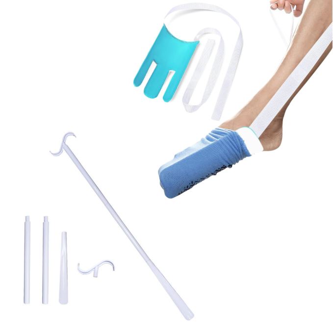 Portable Complete Independent Living Mobility Kit - No-Bend Three Finger Sock Aid & White Extendable 3-in-1 Dressing Hook with Shoe Horn - Image 1