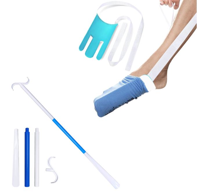 Portable Complete Independent Living Mobility Kit - No-Bend Three Finger Sock Aid & Blue Extendable 3-in-1 Dressing Hook with Shoe Horn - Image 1