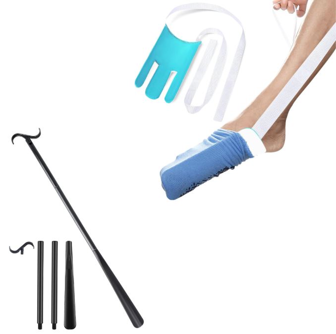 Portable Complete Independent Living Mobility Kit - No-Bend Three Finger Sock Aid & Black Extendable 3-in-1 Dressing Hook with Shoe Horn - Image 1
