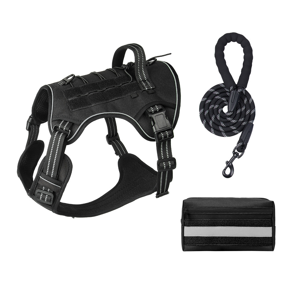 3-Piece Black Tactical Dog Harness Set (L Size) - Heavy Duty No-Pull Vest with Detachable Tactical Pouch & Climbing Rope Leash - Image 1