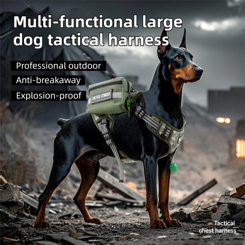 3-Piece Black Tactical Dog Harness Set (L Size) - Heavy Duty No-Pull Vest with Detachable Tactical Pouch & Climbing Rope Leash - Image 2