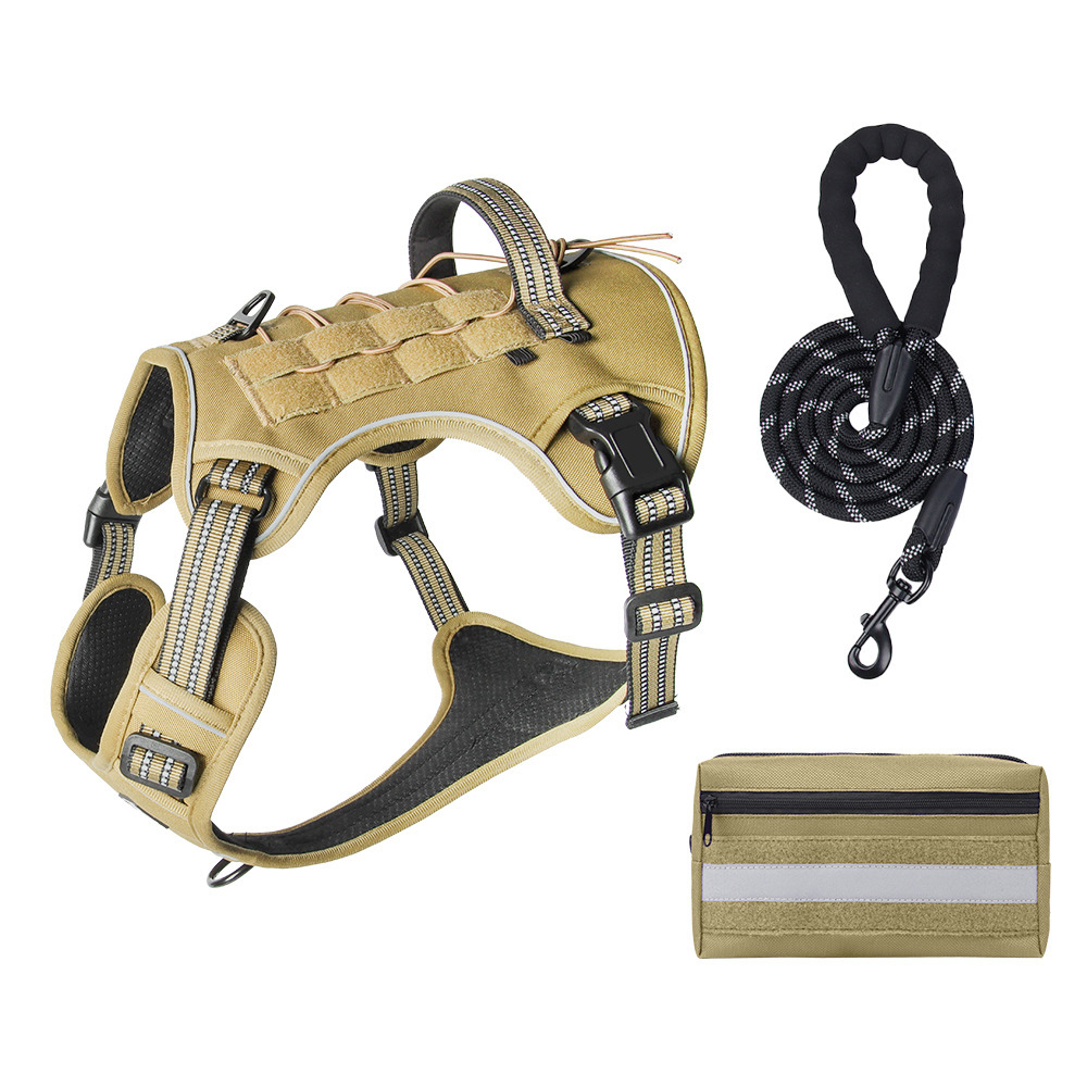 3-Piece Khaki Tactical Dog Harness Set (L Size) - Heavy Duty No-Pull Vest with Detachable Tactical Pouch & Climbing Rope Leash - Image 1