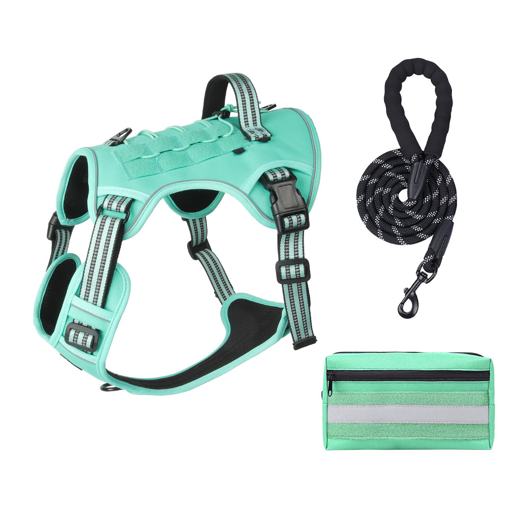 3-Piece Green Tactical Dog Harness Set (M Size) - Heavy Duty No-Pull Vest with Detachable Tactical Pouch & Climbing Rope Leash - Image 1