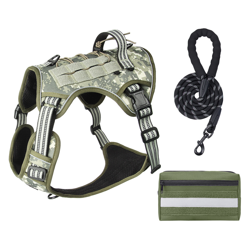 3-Piece Camouflage Tactical Dog Harness Set (M Size) - Heavy Duty No-Pull Vest with Detachable Tactical Pouch & Climbing Rope Leash - Image 1