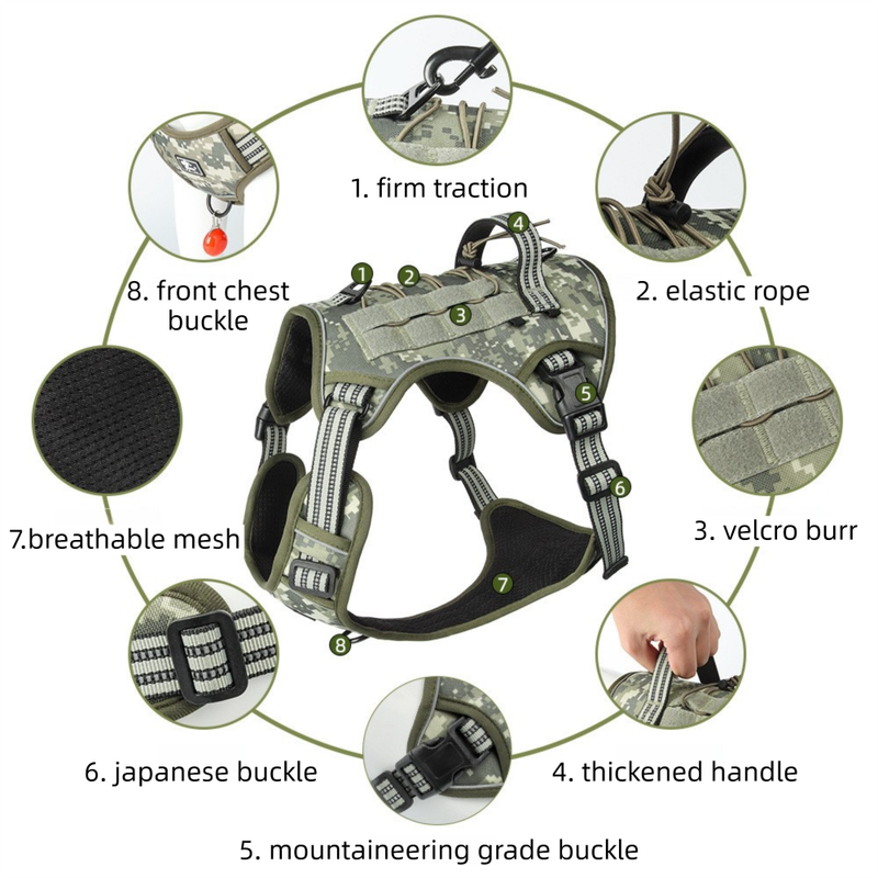 3-Piece Camouflage Tactical Dog Harness Set (L Size) - Heavy Duty No-Pull Vest with Detachable Tactical Pouch & Climbing Rope Leash - Image 3