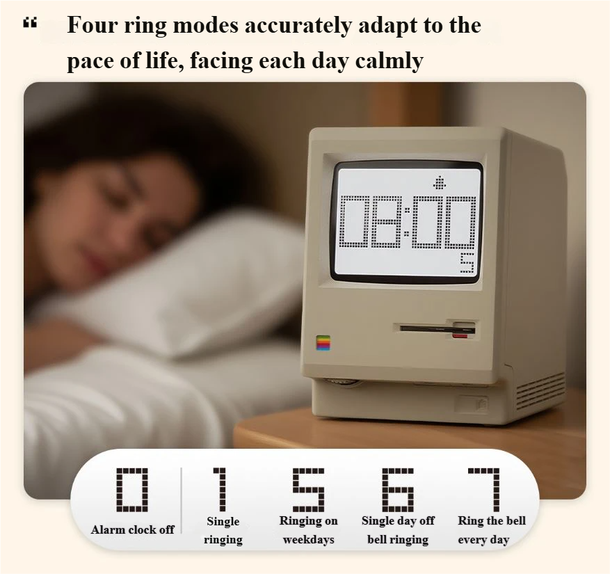 Retro Computer Style Desktop Maclock - Interactive Floppy Disk Switch, 5 Alarm Settings, 3 Display Modes and Stepless Brightness Control - Image 3