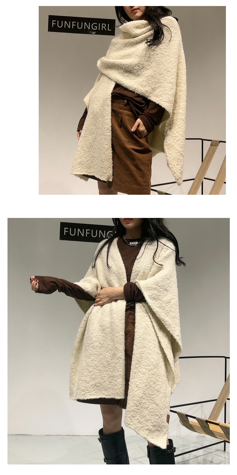 Beige Premium Knitted Wool Blend Poncho - Elegant Thickened Drape Shawl & Cape Cardigan Coat - Image 2