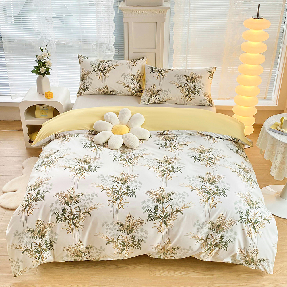 4-Piece Elegant Yellow Bouquet Printed Soft-Touch Brushed Bedding Set for 1.8M Bed: 200 x 230 CM Duvet Cover, 180 x 200 (+25) CM Deep Pocket Fitted Sheet & 2PC 50 x 75 CM Pillowcases - Image 1