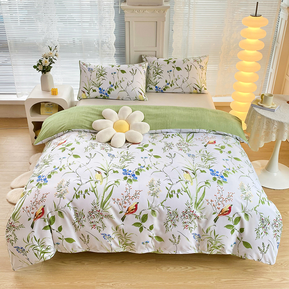 4-Piece Elegant Green Bouquet Printed Soft-Touch Brushed Bedding Set for 1.5M Bed: 175 x 220 CM Duvet Cover, 150 x 200 (+25) CM Deep Pocket Fitted Sheet & 2PC 50 x 75 CM Pillowcases - Image 1