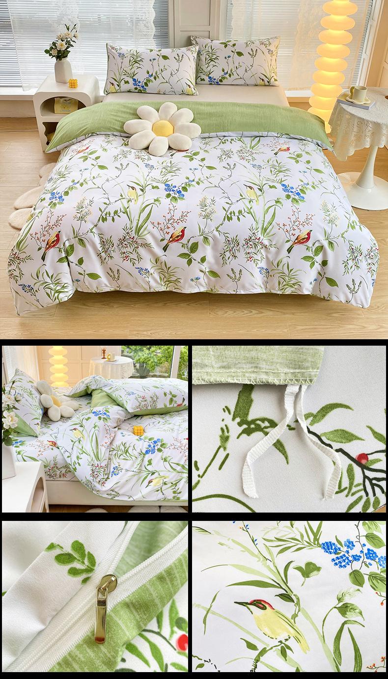 4-Piece Elegant Green Bouquet Printed Soft-Touch Brushed Bedding Set for 1.5M Bed: 175 x 220 CM Duvet Cover, 150 x 200 (+25) CM Deep Pocket Fitted Sheet & 2PC 50 x 75 CM Pillowcases - Image 4