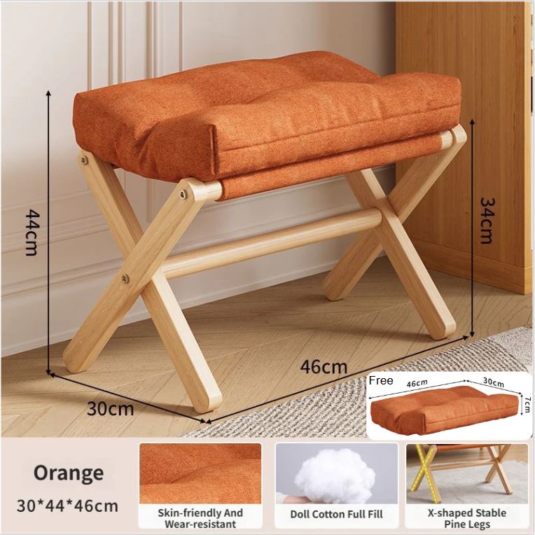 Orange Foldable Ottoman & Padded Footstool with Velcro Stability & Spare Cusion - Cotton Linen Portable Office Leg Rest & Entryway Shoe Stool - Image 1