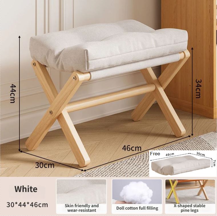 White Foldable Ottoman & Padded Footstool with Velcro Stability & Spare Cusion - Cotton Linen Portable Office Leg Rest & Entryway Shoe Stool - Image 1