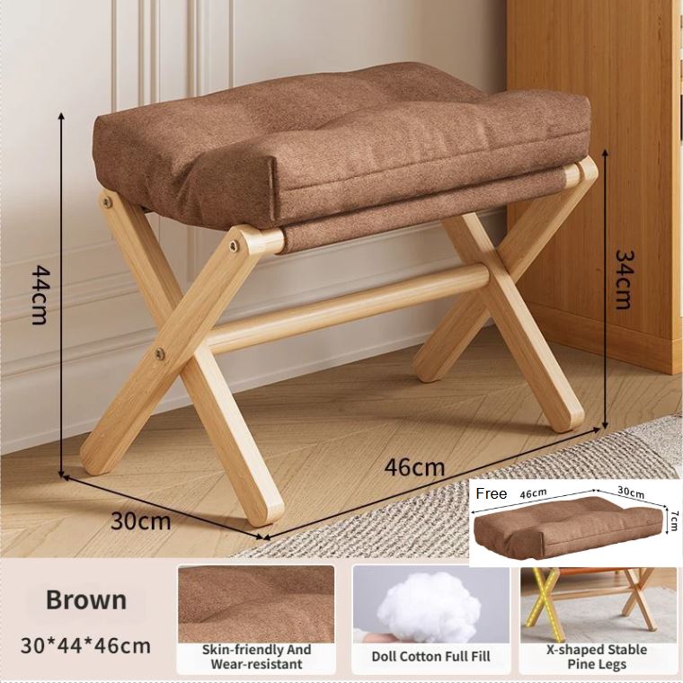 Brown Foldable Ottoman & Padded Footstool with Velcro Stability & Spare Cusion - Cotton Linen Portable Office Leg Rest & Entryway Shoe Stool - Image 1