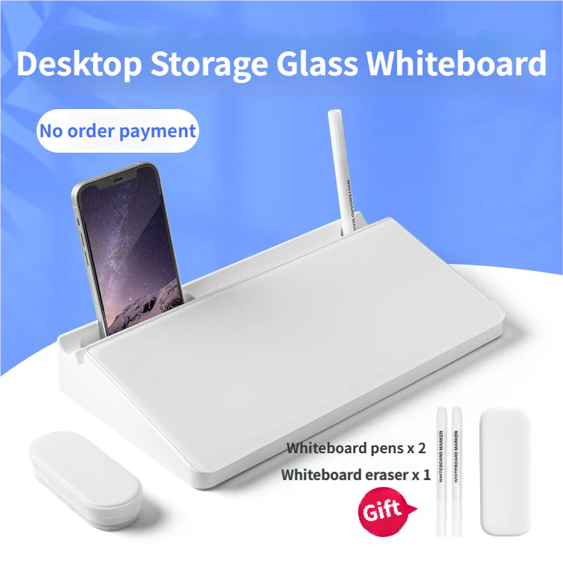 White Slanted Glass Memo Board & Desktop Organizer with 2 Markers & Residue-Free Eraser - Computer Keyboard Stand Dry Erase Notepad - Image 1