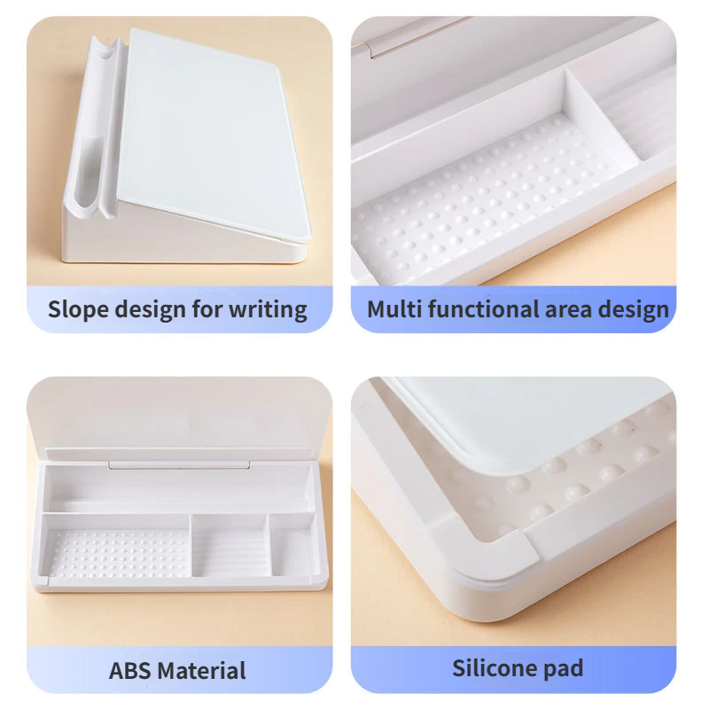 White Slanted Glass Memo Board & Desktop Organizer with 2 Markers & Residue-Free Eraser - Computer Keyboard Stand Dry Erase Notepad - Image 3