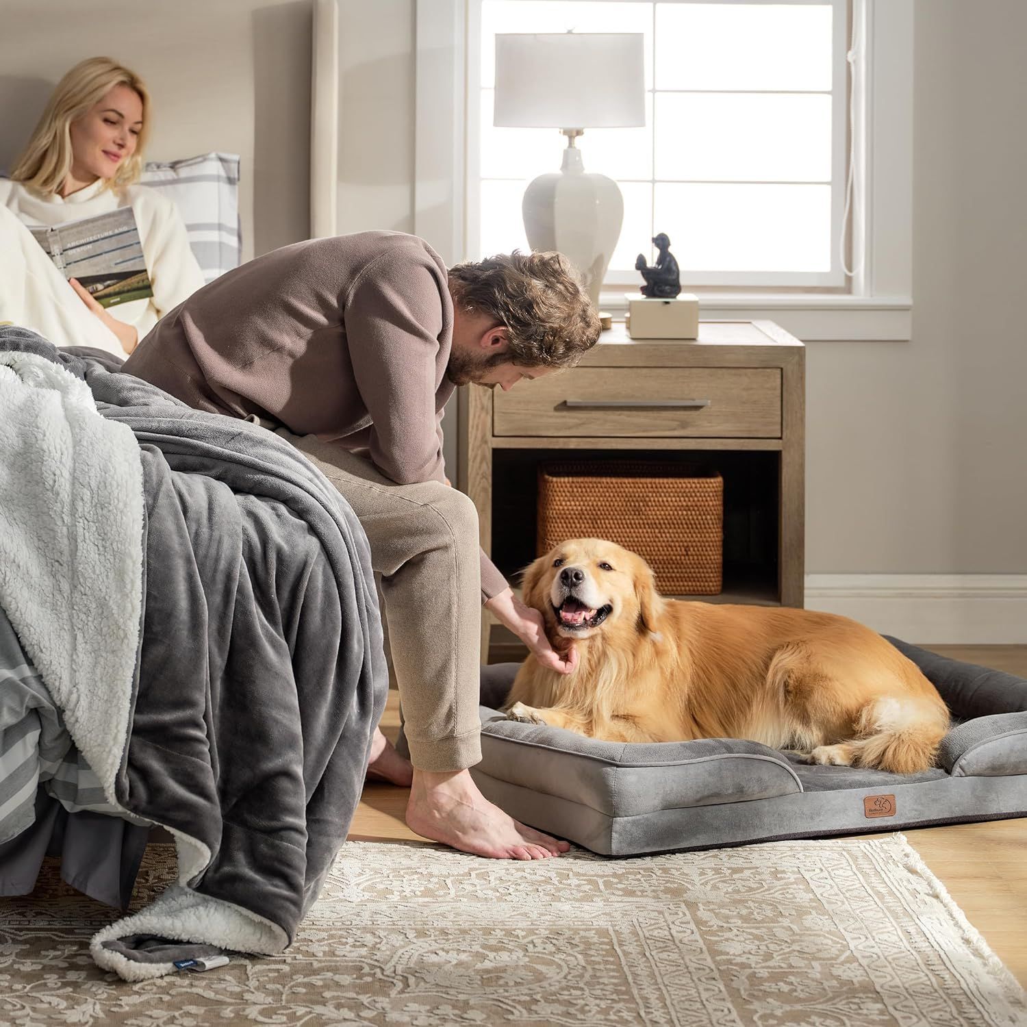 Beige Waterproof Egg-Crate Foam Therapeutic Pet Sofa Bed and Fleece Lounge (L Size 91 x 69 x 17 CM) - Low Entry, High Bolster Support & Zipper Removable Cover - Image 8