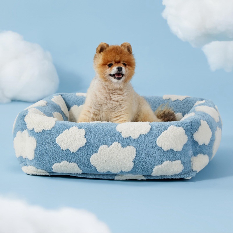 63x53x17 CM Cute Square Plush Pet Bed with Removable Cover & 5 Bolsters Support - Blue Sky and White Clouds Machine Washable Calming Dog & Cat Sofa - Image 1