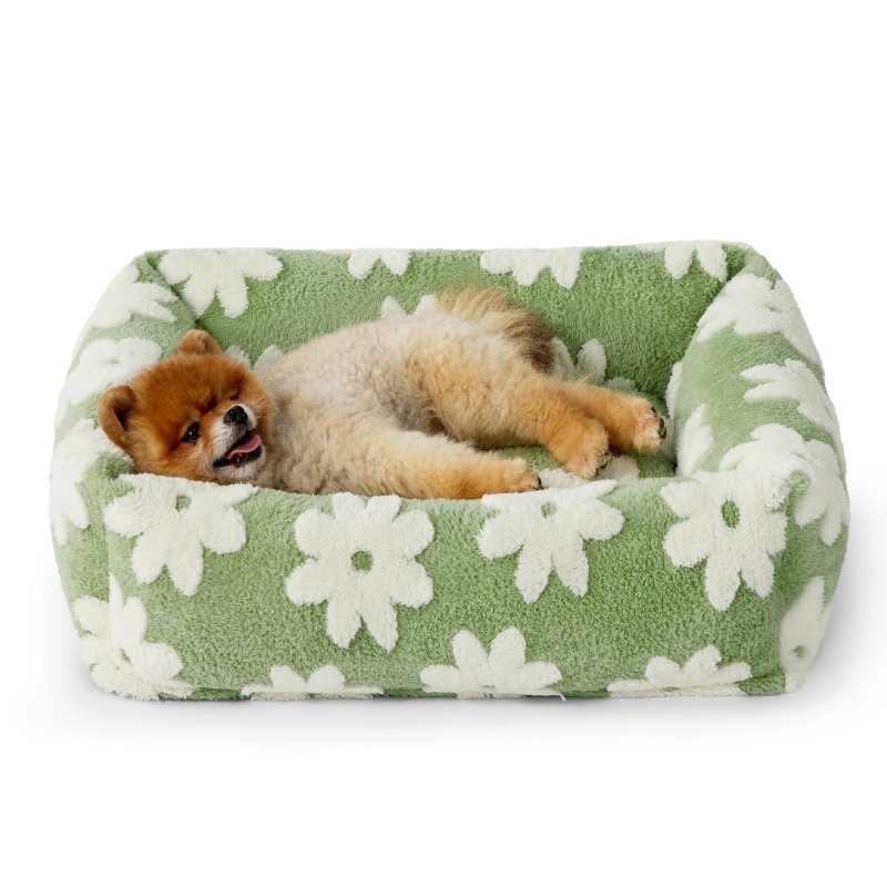 63x53x17 CM Cute Square Plush Pet Bed with Removable Cover & 5 Bolsters Support - Green Daisies Machine Washable Calming Dog & Cat Sofa - Image 1