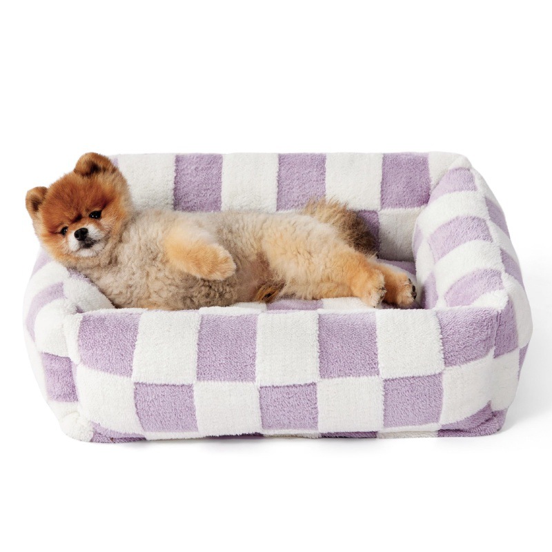 76x60x20 CM Cute Square Plush Pet Bed with Removable Cover & 5 Bolsters Support - Purple Plaid Machine Washable Calming Dog & Cat Sofa - Image 1