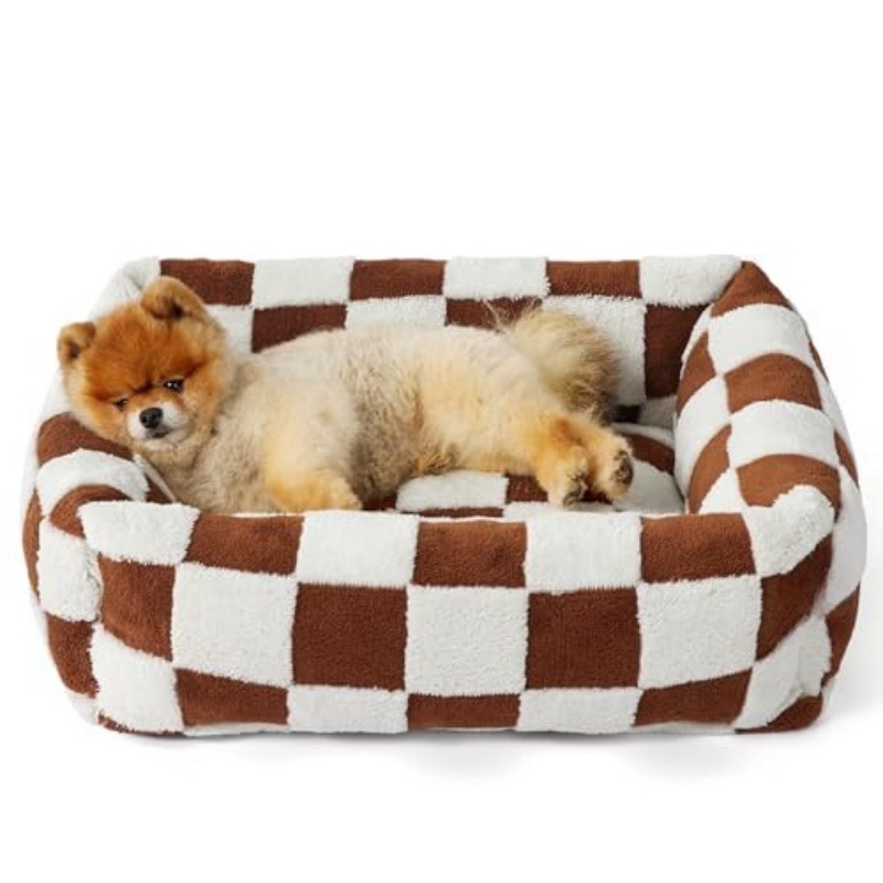 76x60x20 CM Cute Square Plush Pet Bed with Removable Cover & 5 Bolsters Support - Brown Plaid Machine Washable Calming Dog & Cat Sofa - Image 1