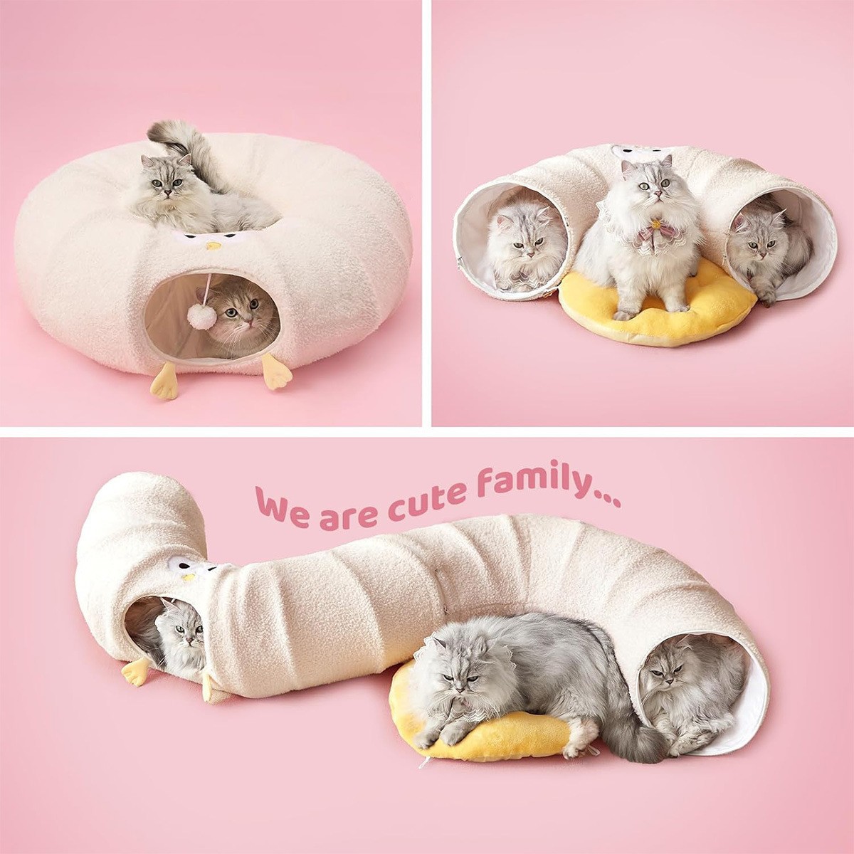 White Cute Foldable Cat Tunnel Bed with Dual-Zipper Detachable & Connectable Design - 2-in-1 Versatile Circular Doughnut Nest & S-Curve Play Center, Easy Fold-Away Storage (85x85x26CM) - Image 1