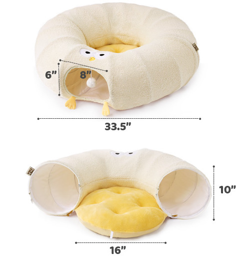 White Cute Foldable Cat Tunnel Bed with Dual-Zipper Detachable & Connectable Design - 2-in-1 Versatile Circular Doughnut Nest & S-Curve Play Center, Easy Fold-Away Storage (85x85x26CM) - Image 4