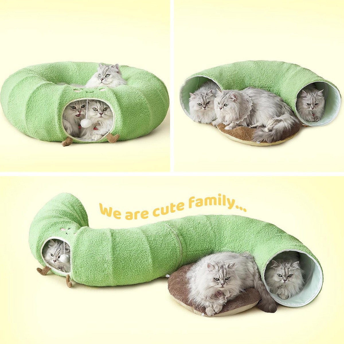 Green Cute Foldable Cat Tunnel Bed with Dual-Zipper Detachable & Connectable Design - 2-in-1 Versatile Circular Doughnut Nest & S-Curve Play Center, Easy Fold-Away Storage (85x85x26CM) - Image 1