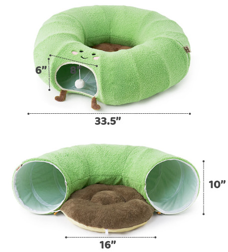 Green Cute Foldable Cat Tunnel Bed with Dual-Zipper Detachable & Connectable Design - 2-in-1 Versatile Circular Doughnut Nest & S-Curve Play Center, Easy Fold-Away Storage (85x85x26CM) - Image 4