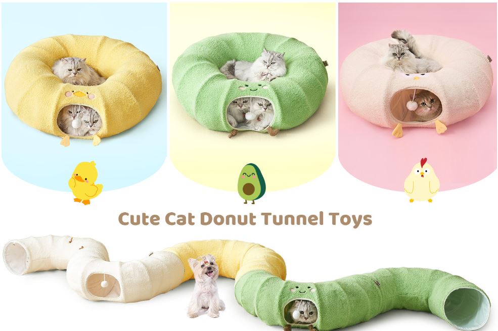 Yellow Cute Foldable Cat Tunnel Bed with Dual-Zipper Detachable & Connectable Design - 2-in-1 Versatile Circular Doughnut Nest & S-Curve Play Center, Easy Fold-Away Storage (85x85x26CM) - Image 2