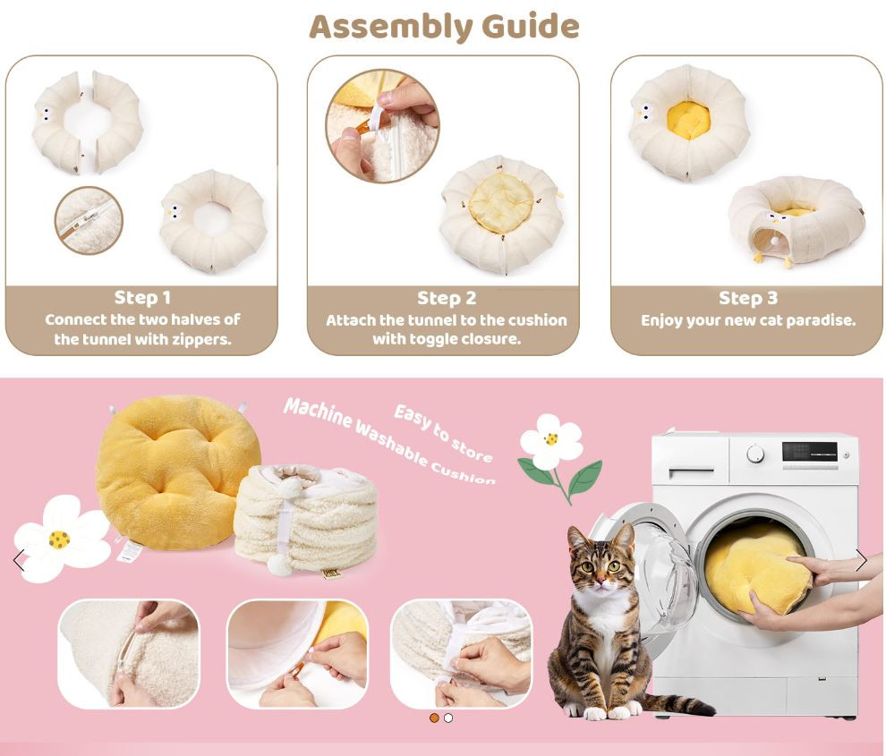 Yellow Cute Foldable Cat Tunnel Bed with Dual-Zipper Detachable & Connectable Design - 2-in-1 Versatile Circular Doughnut Nest & S-Curve Play Center, Easy Fold-Away Storage (85x85x26CM) - Image 3