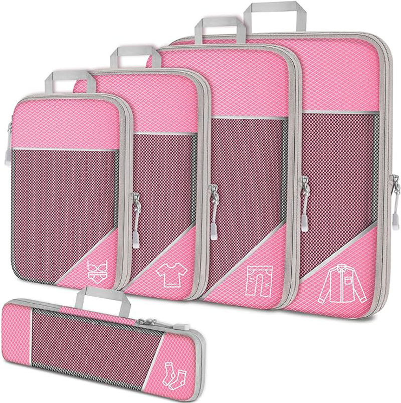 Pink Waterproof Travel Compression Packing Cube Set of 5 Sizes with Carry Handles - 50% Space Saving Breathable Nylon Luggage Organizer - Image 1